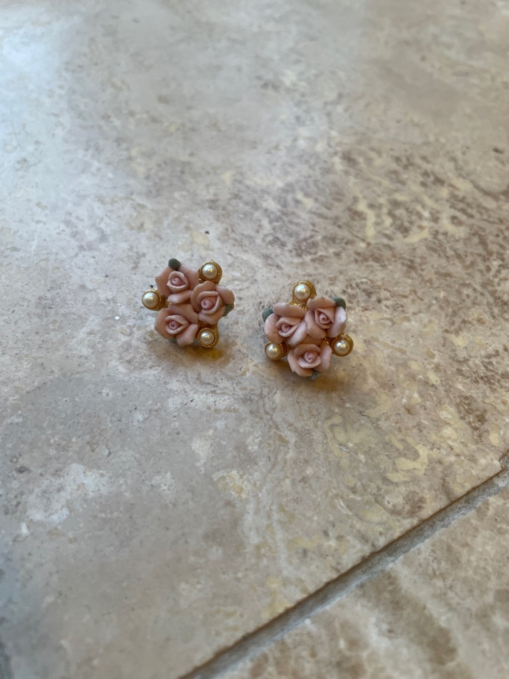 Vintage Blush Rose Cluster Stud Earrings with Pearl Accents